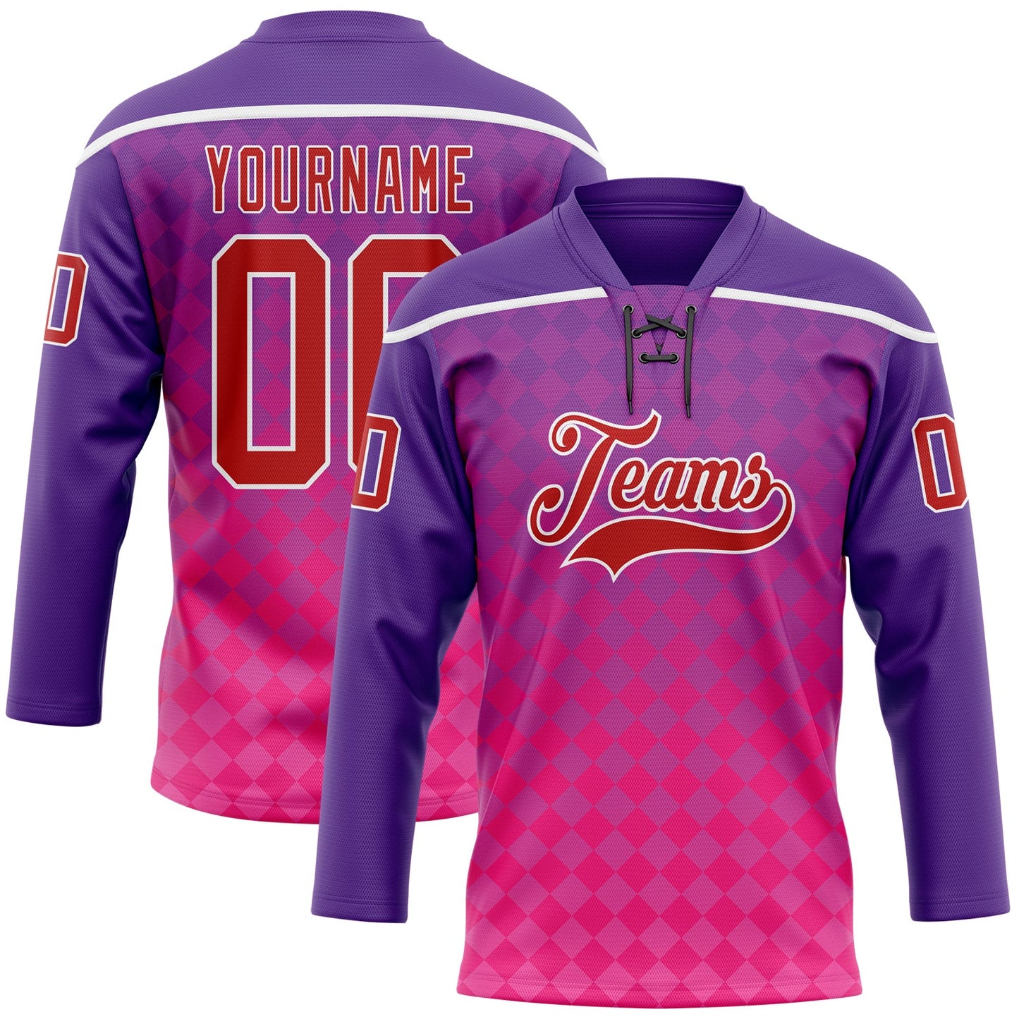 Custom Purple Red Pink-White Abstract Gradient Halftone Pattern Hockey Lace Neck Jersey - Main View