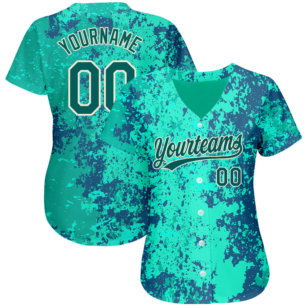 Custom Teal Midnight Green-Cream 3D Pattern Design Authentic Baseball Jersey view 2