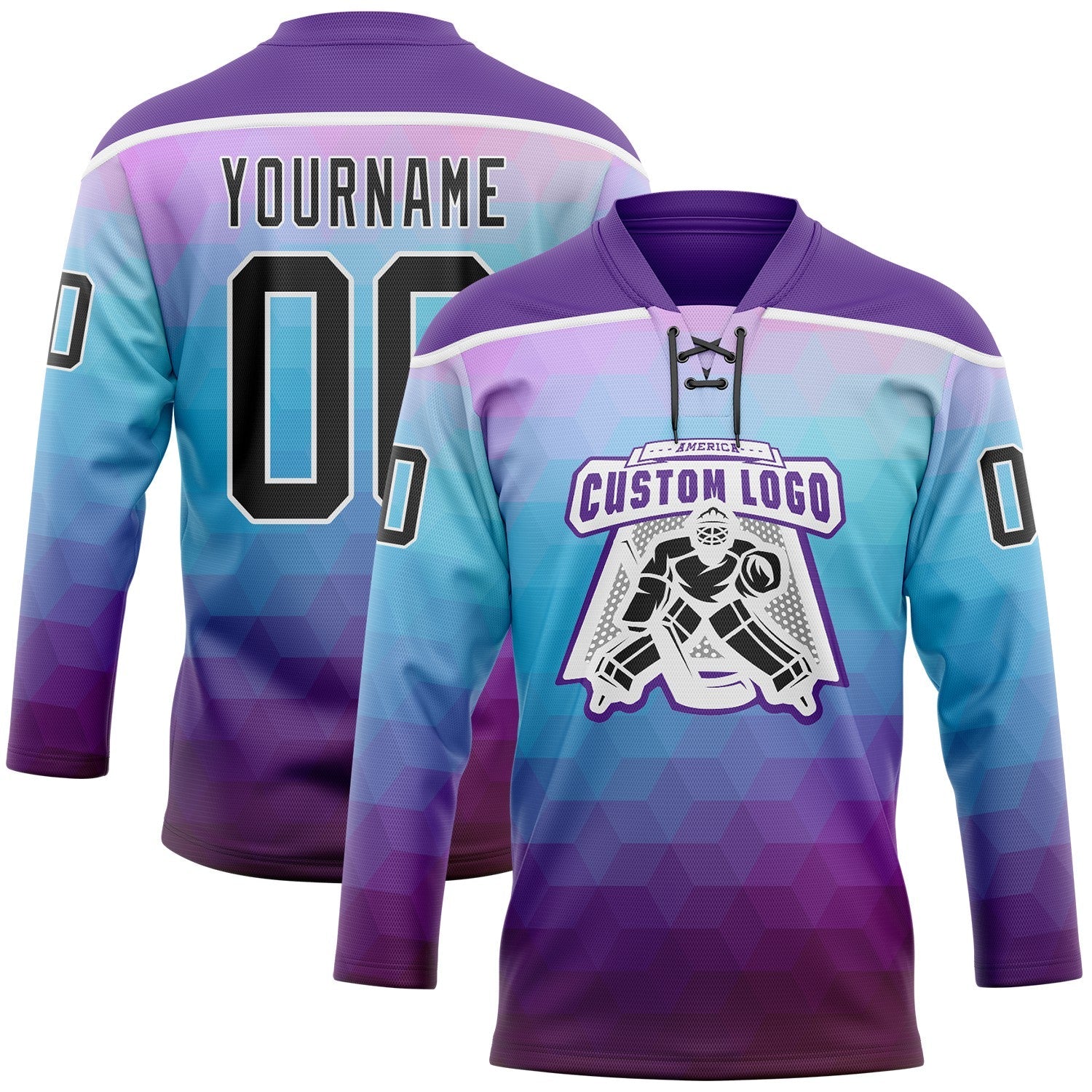 Custom Purple Black Blue-White Abstract Gradient Halftone Pattern Hockey Lace Neck Jersey view 2
