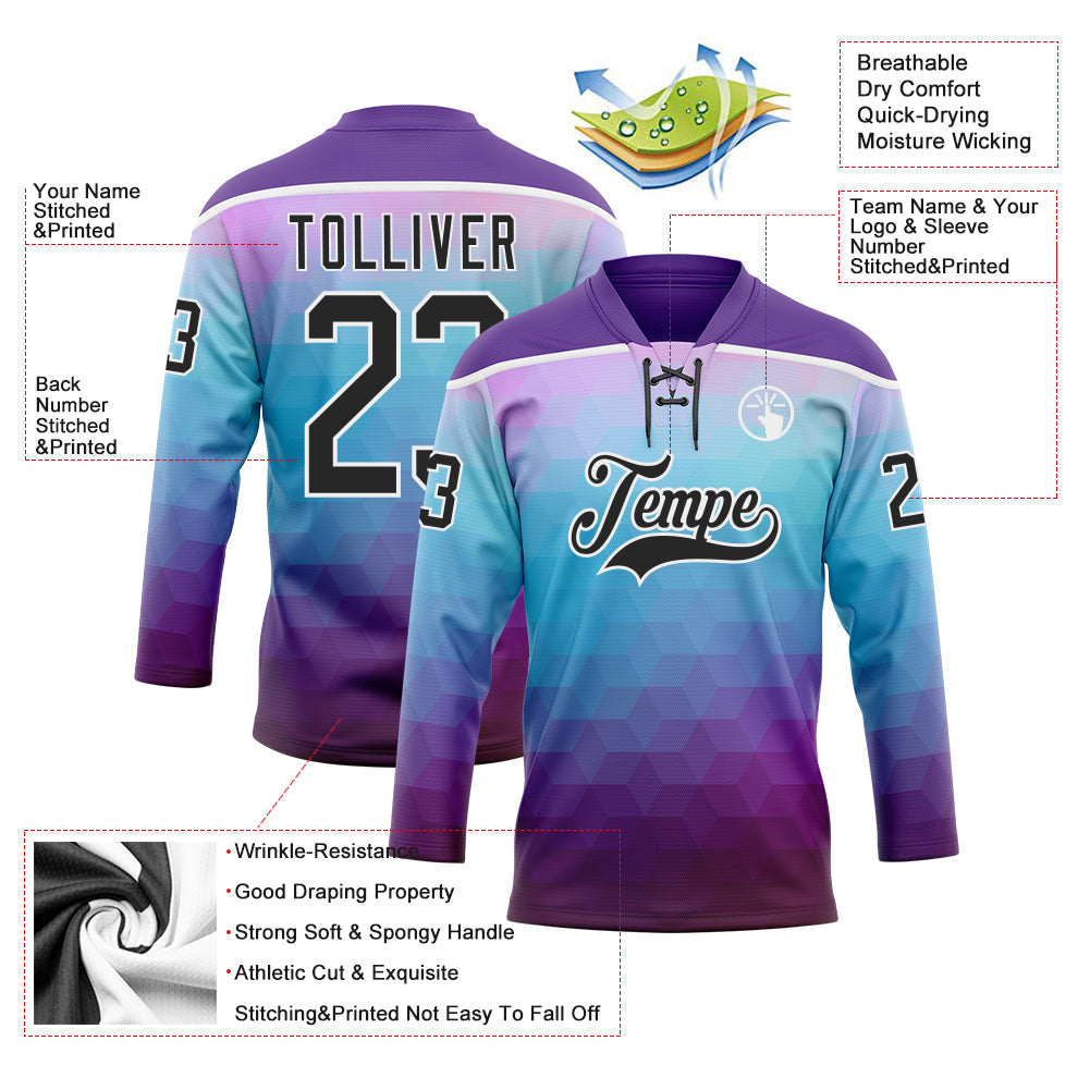 Custom Purple Black Blue-White Abstract Gradient Halftone Pattern Hockey Lace Neck Jersey view 5