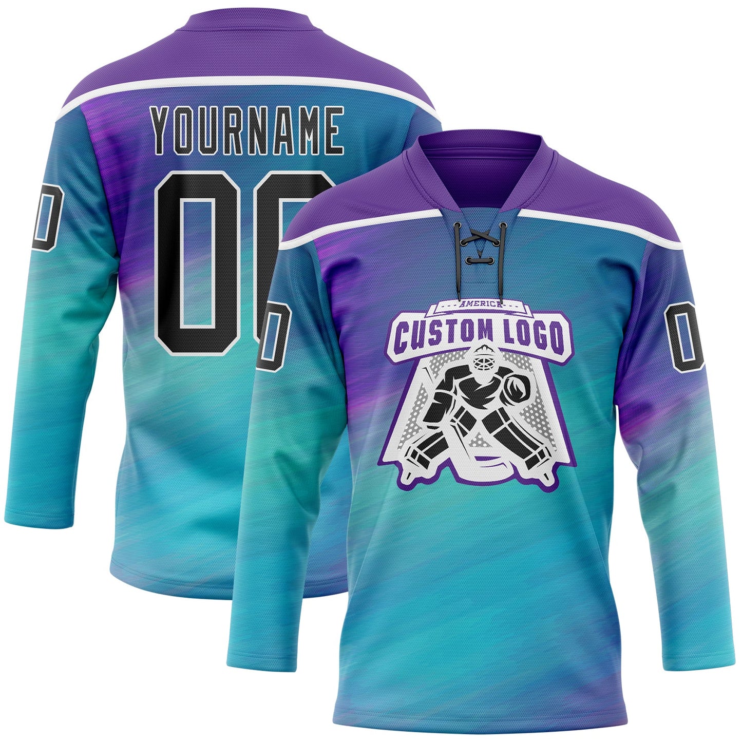 Custom Purple Black Blue-White Abstract Gradient Halftone Pattern Hockey Lace Neck Jersey view 2