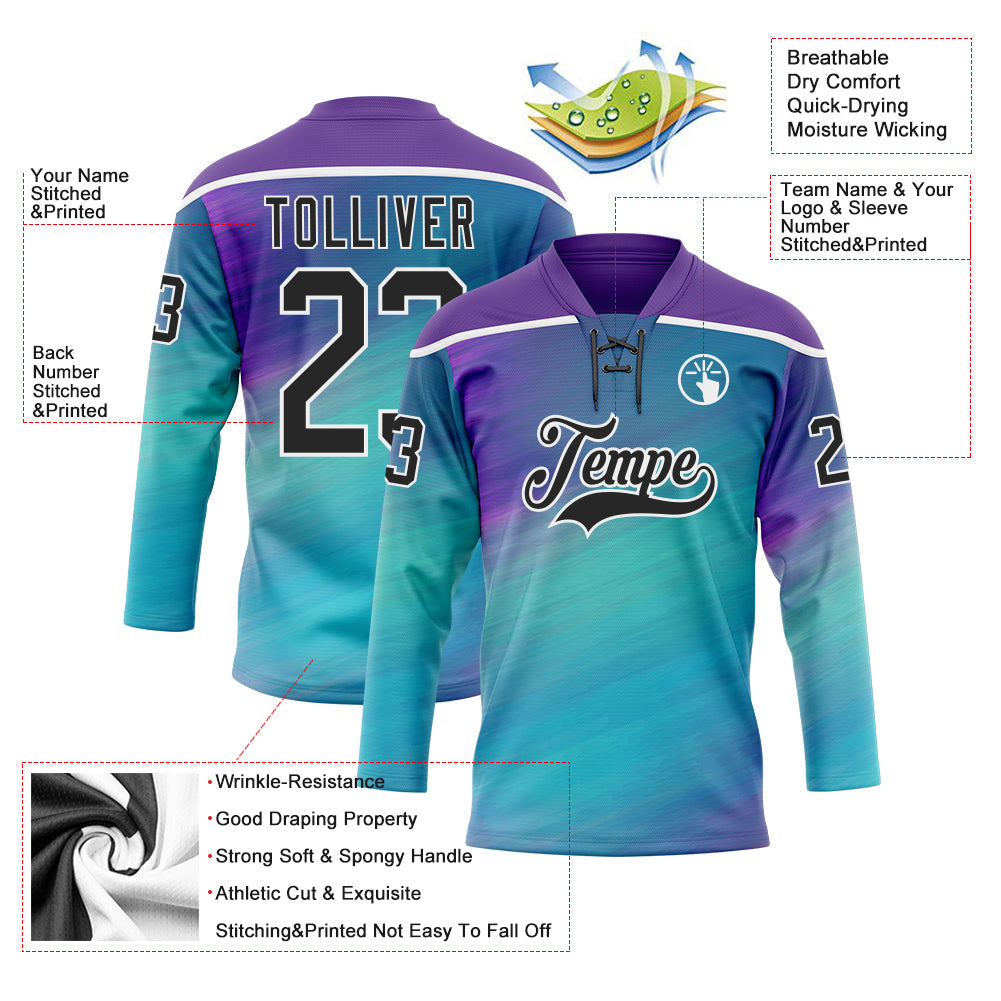 Custom Purple Black Blue-White Abstract Gradient Halftone Pattern Hockey Lace Neck Jersey view 5