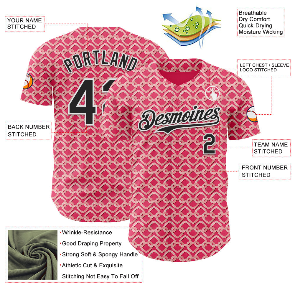 Custom Neon Pink Black-White Valentine's Day Love Heart Authentic Baseball Jersey view 3