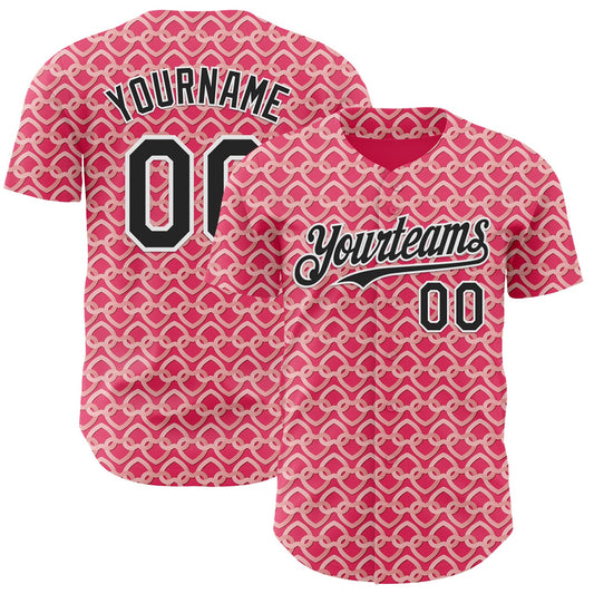 Custom Neon Pink Black-White Valentine's Day Love Heart Authentic Baseball Jersey - Main View
