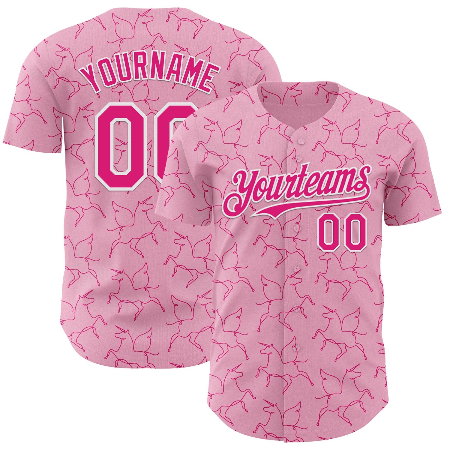 Custom Light Pink Hot Pink-White Valentine's Day Unicorn Authentic Baseball Jersey - Main View