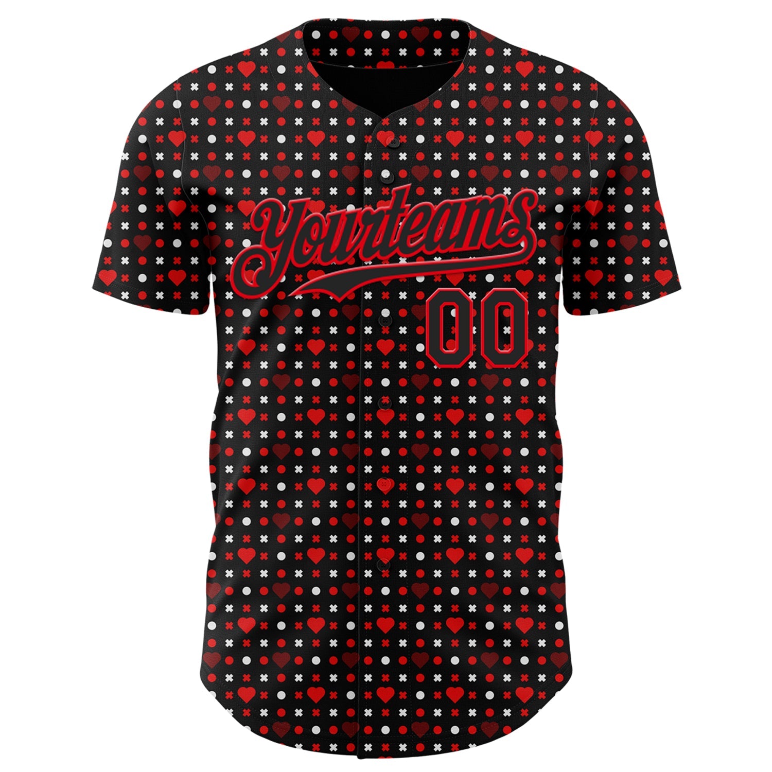 Custom Black Fire Red Valentine's Day Love Heart Authentic Baseball Jersey view 2