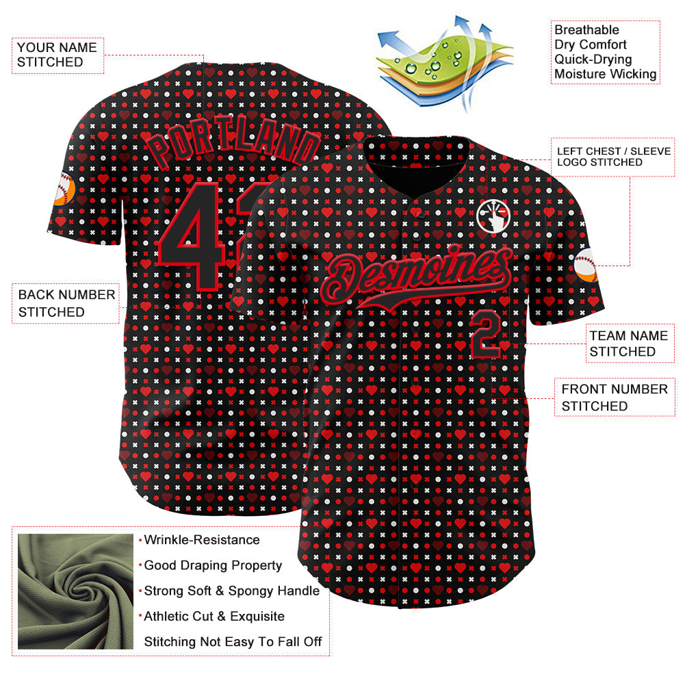 Custom Black Fire Red Valentine's Day Love Heart Authentic Baseball Jersey view 3