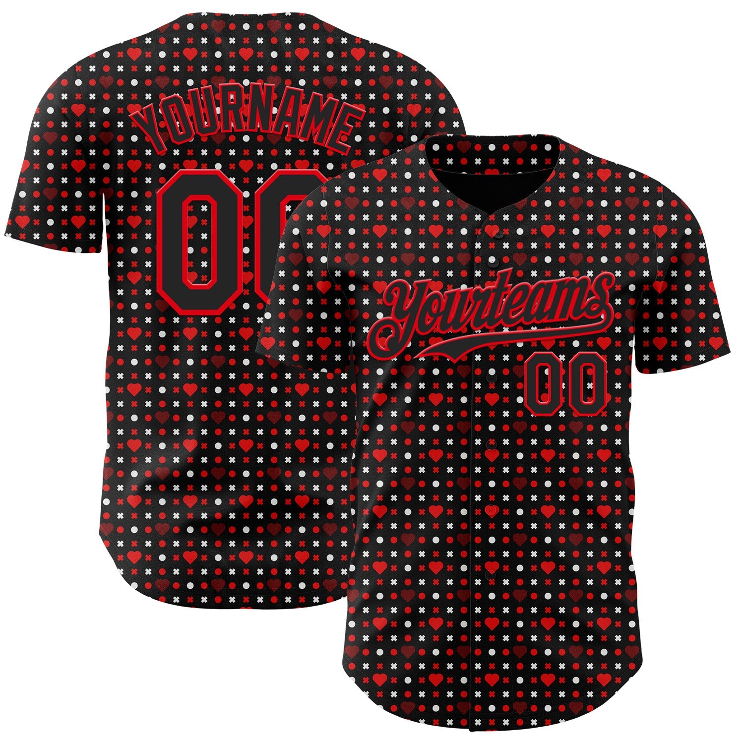 Custom Black Fire Red Valentine's Day Love Heart Authentic Baseball Jersey - Main View