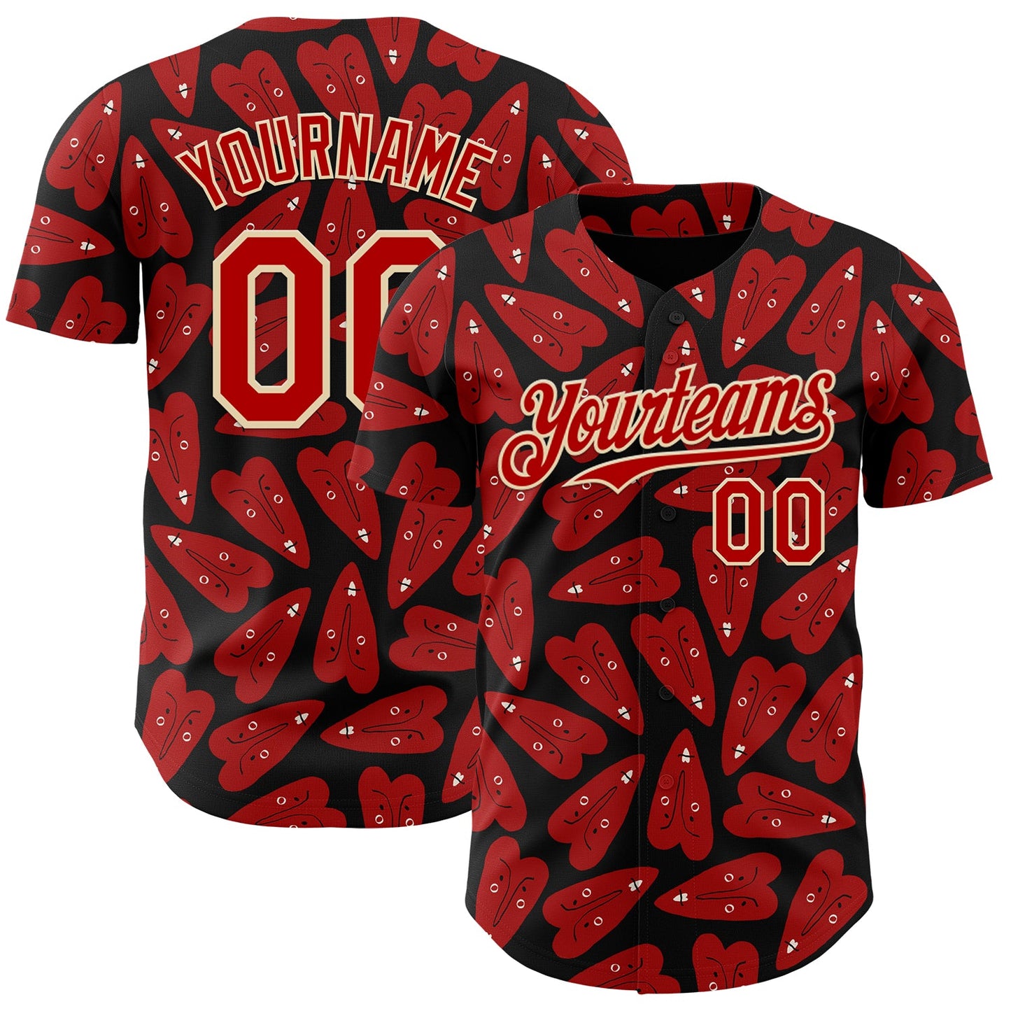 Custom Black Red-Cream Valentine's Day Love Heart Authentic Baseball Jersey - Main View