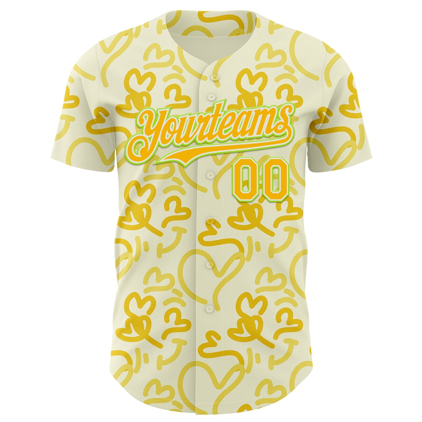 Custom Cream Gold Neon Green-White Valentine's Day Love Heart Authentic Baseball Jersey view 2