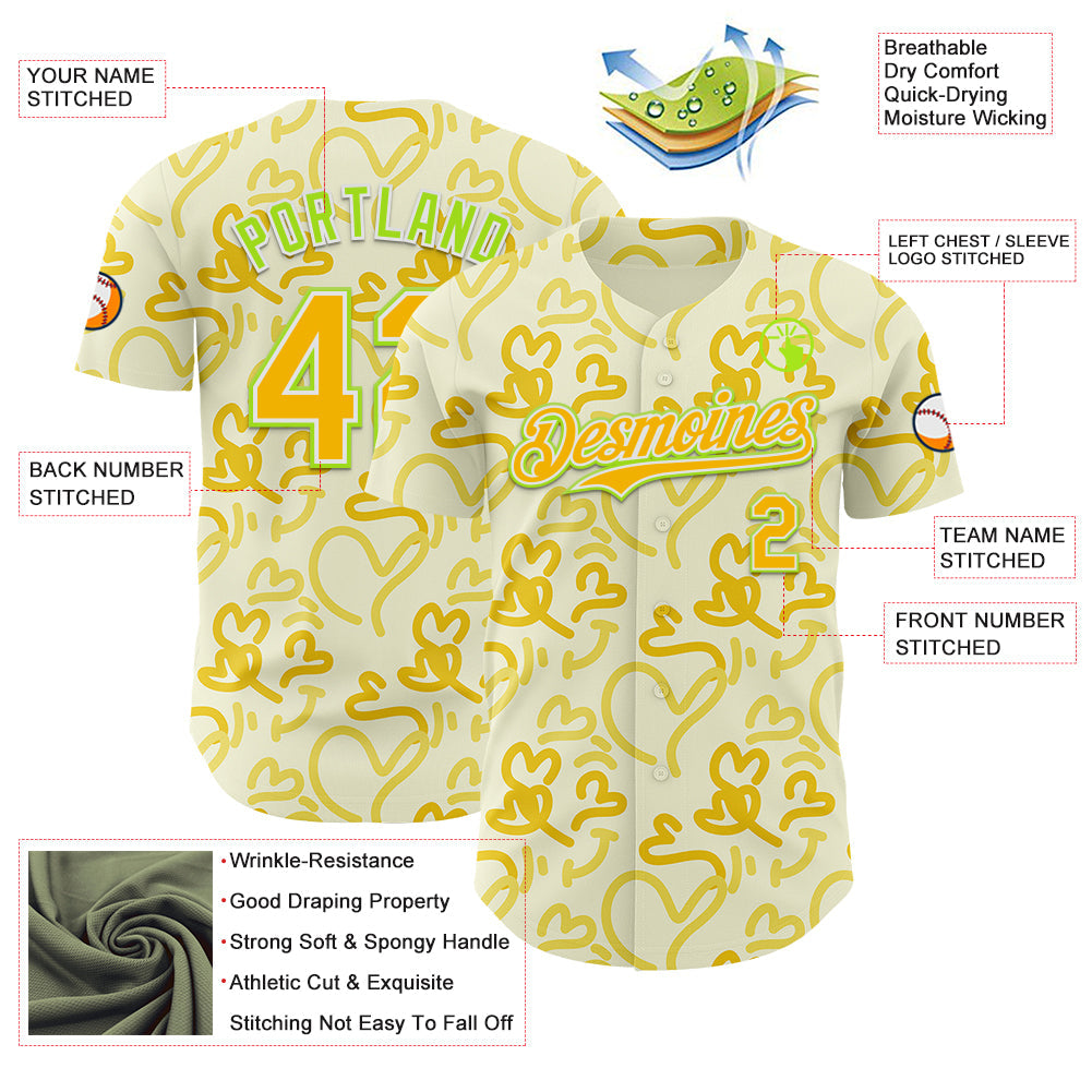 Custom Cream Gold Neon Green-White Valentine's Day Love Heart Authentic Baseball Jersey view 3