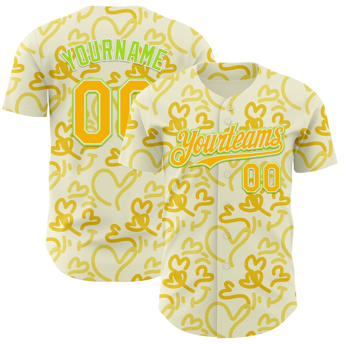 Custom Cream Gold Neon Green-White Valentine's Day Love Heart Authentic Baseball Jersey - Main View