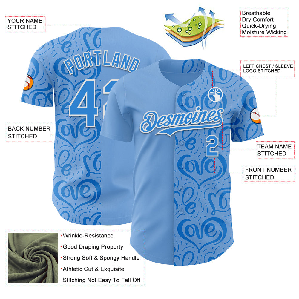 Custom Blue Electric Blue-White Valentine's Day Love Heart Authentic Baseball Jersey view 3