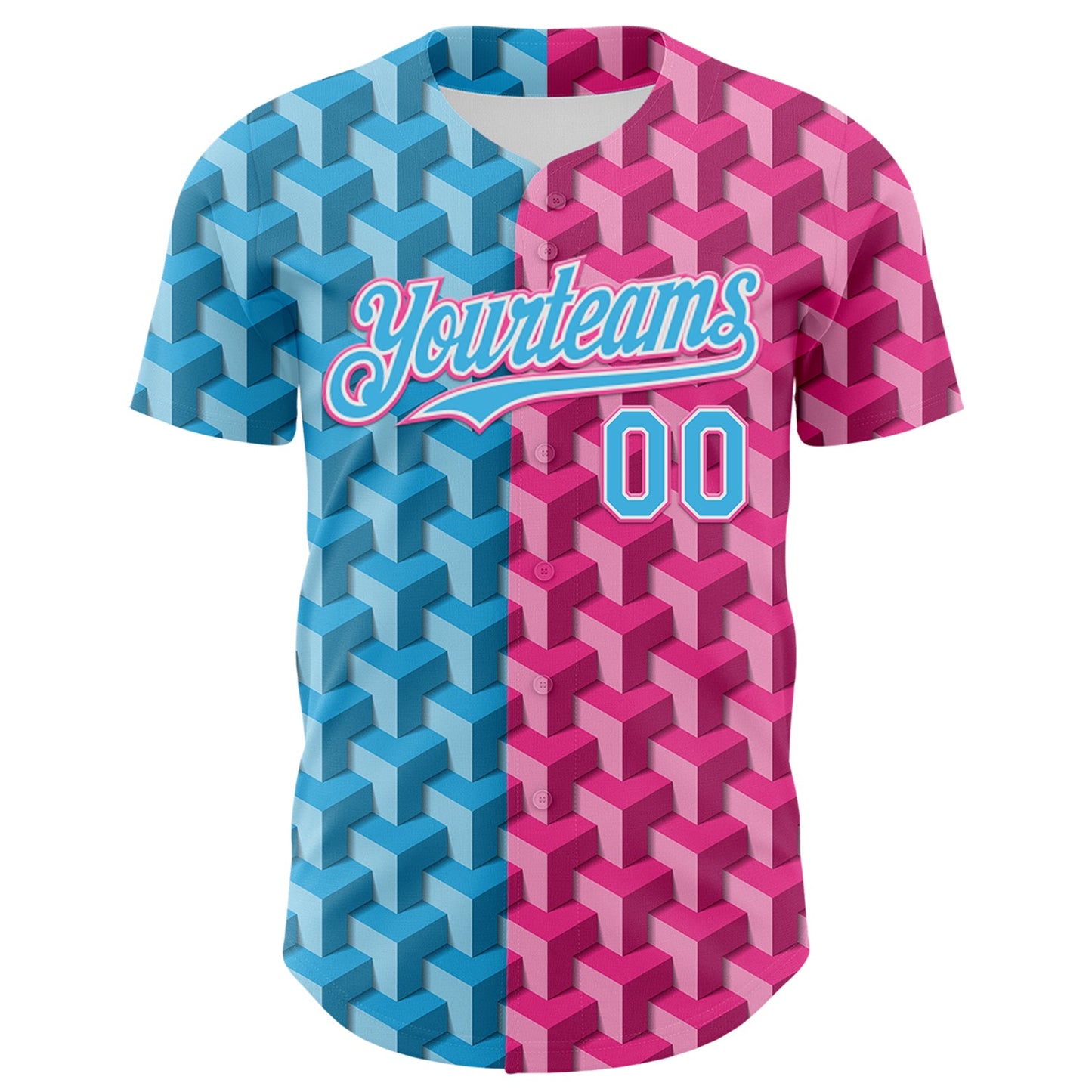 Custom Sky Blue Pink-White Valentine's Day Gradient Love Heart Authentic Baseball Jersey view 2