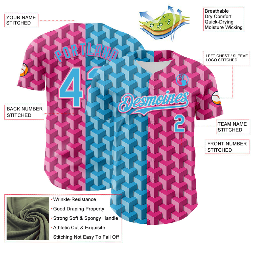 Custom Sky Blue Pink-White Valentine's Day Gradient Love Heart Authentic Baseball Jersey view 3