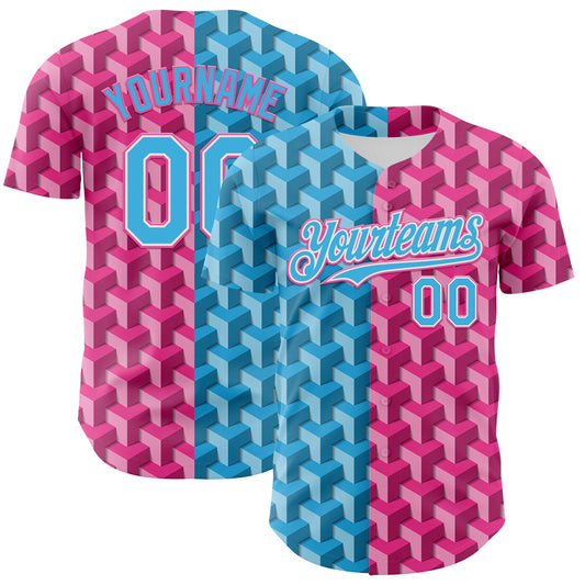 Custom Sky Blue Pink-White Valentine's Day Gradient Love Heart Authentic Baseball Jersey - Main View