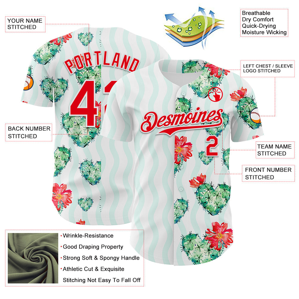 Custom White Fire Red-Green Valentine's Day Love Heart Authentic Baseball Jersey view 3