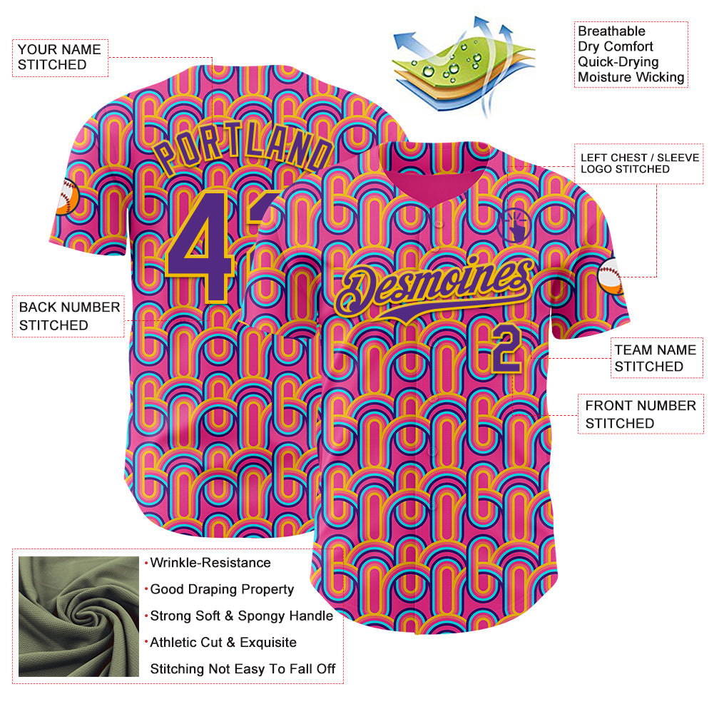 Custom Pink Purple-Yellow Valentine's Day Line Authentic Baseball Jersey view 3
