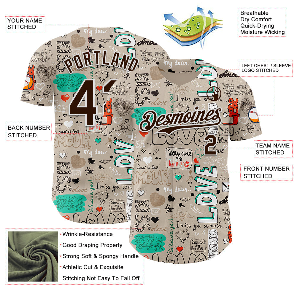 Custom Gray Brown-White Valentine's Day Love Authentic Baseball Jersey view 3