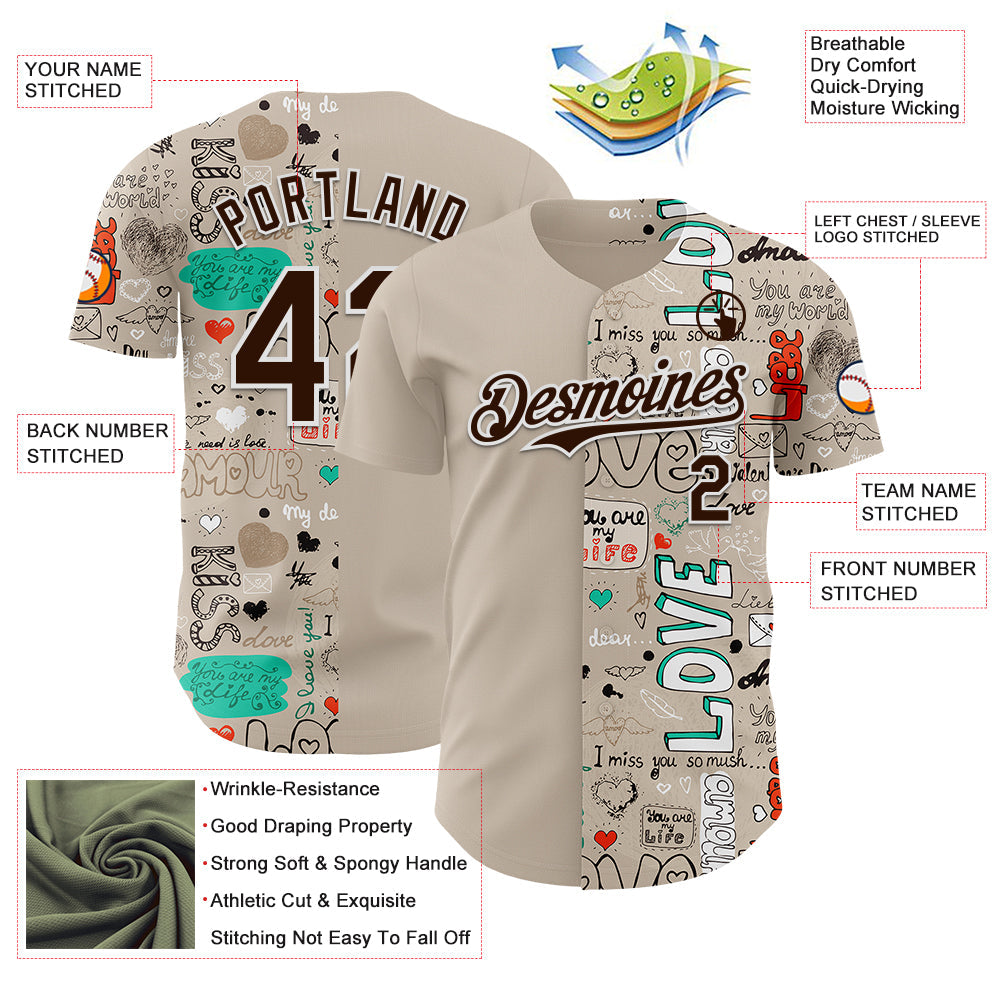 Custom Gray Brown-White Valentine's Day Love Authentic Baseball Jersey view 3