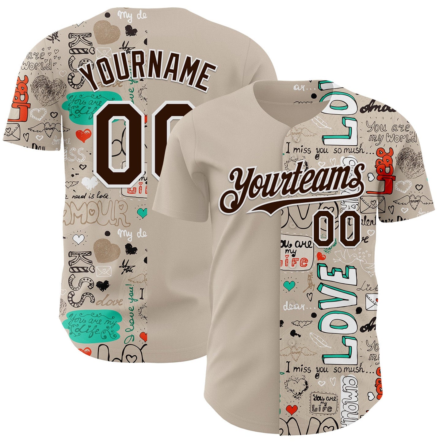 Custom Gray Brown-White Valentine's Day Love Authentic Baseball Jersey - Main View
