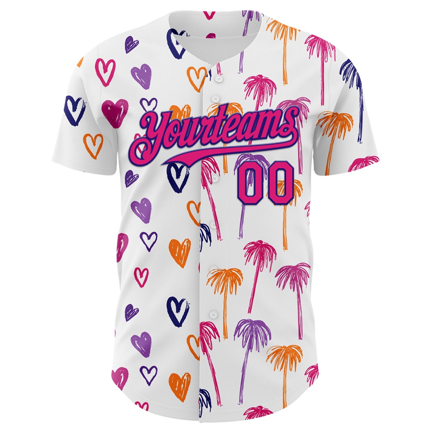 Custom White Hot Pink-Dark Purple Valentine's Day Love Heart Authentic Baseball Jersey view 2