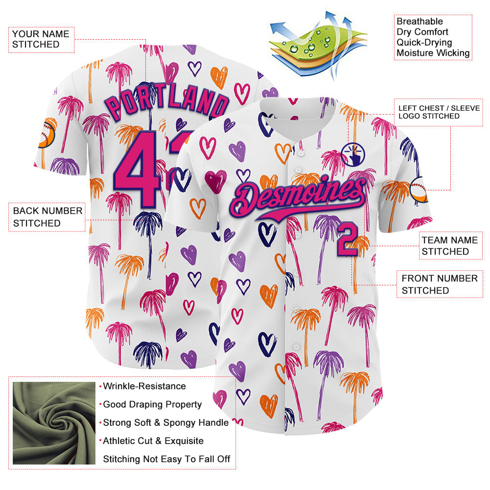 Custom White Hot Pink-Dark Purple Valentine's Day Love Heart Authentic Baseball Jersey view 3