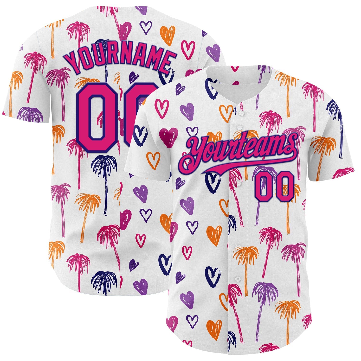 Custom White Hot Pink-Dark Purple Valentine's Day Love Heart Authentic Baseball Jersey - Main View