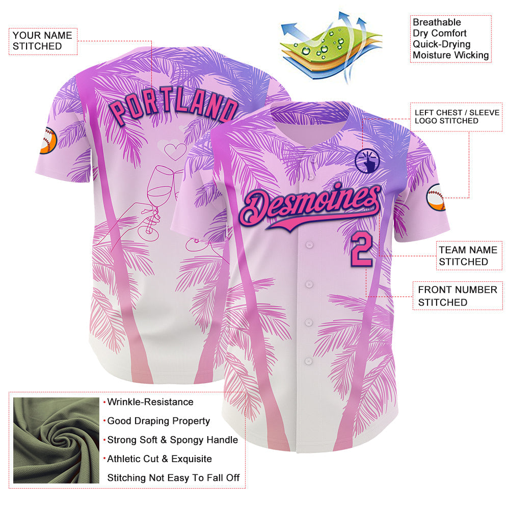 Custom Pink Dark Purple-White Valentine's Day Gradient Coconut Trees Authentic Baseball Jersey view 3