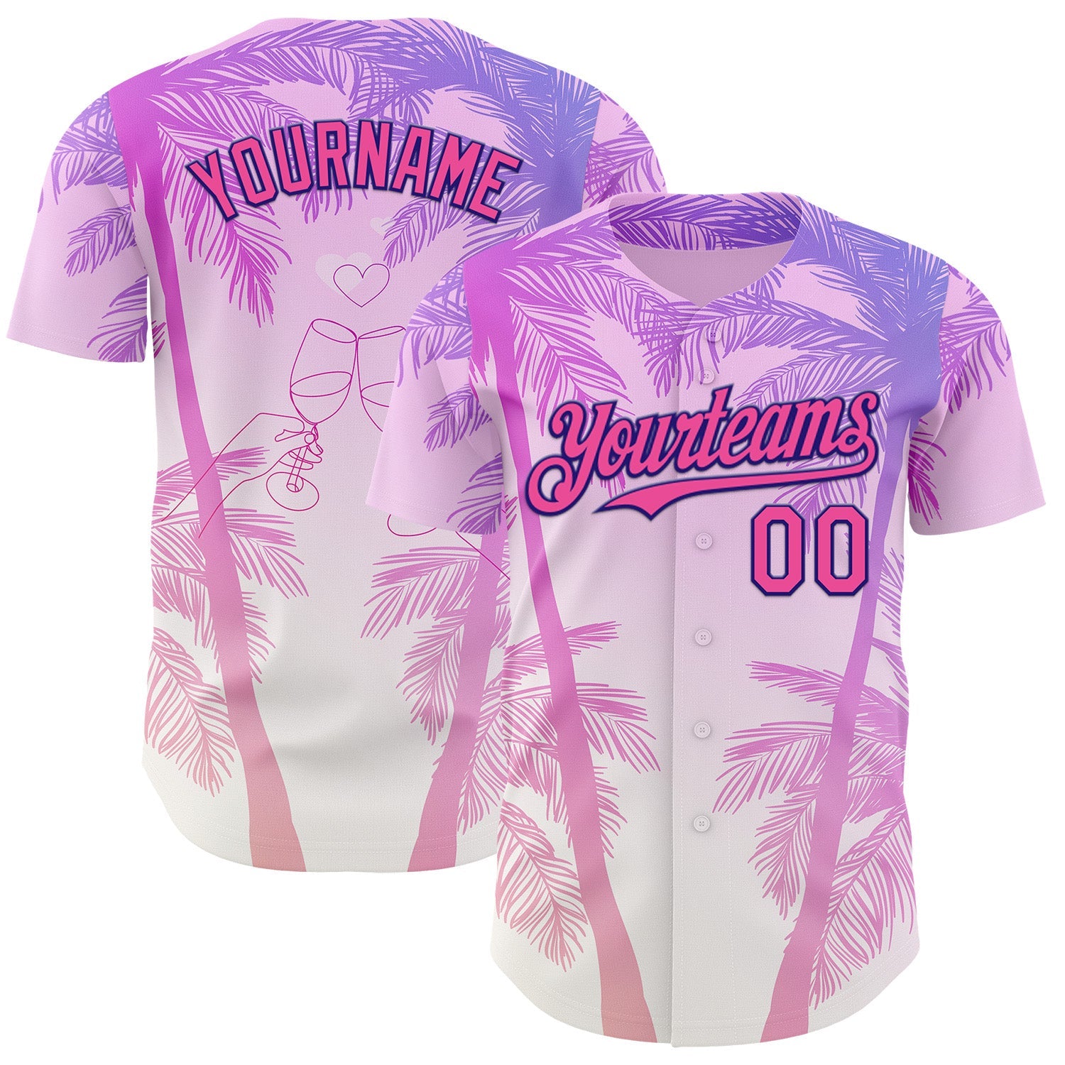 Custom Pink Dark Purple-White Valentine's Day Gradient Coconut Trees Authentic Baseball Jersey - Main View