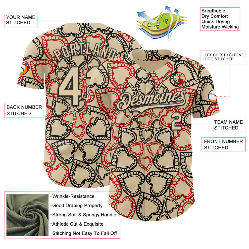 Custom City Cream Black Valentine's Day Love Heart Authentic Baseball Jersey view 3