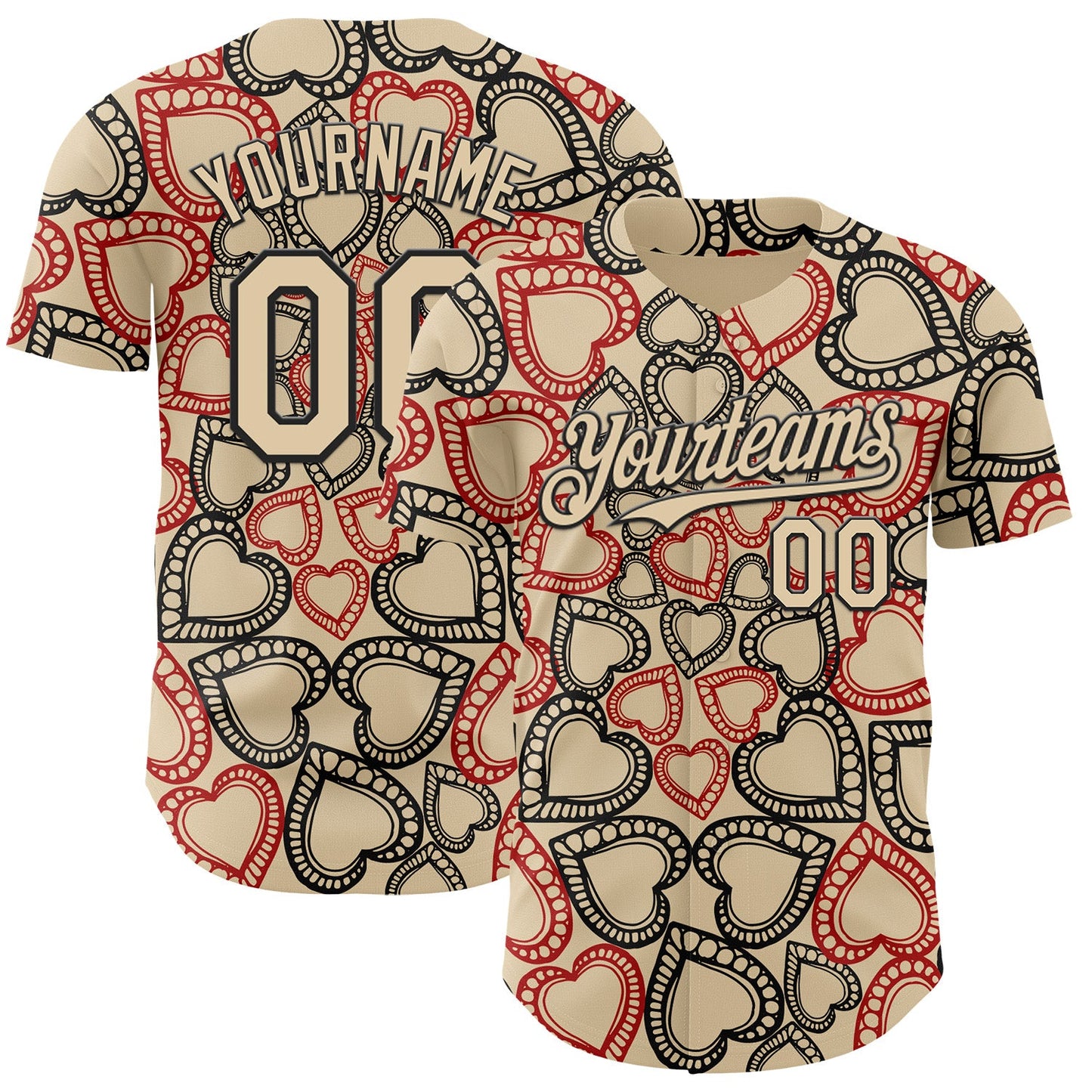 Custom City Cream Black Valentine's Day Love Heart Authentic Baseball Jersey - Main View