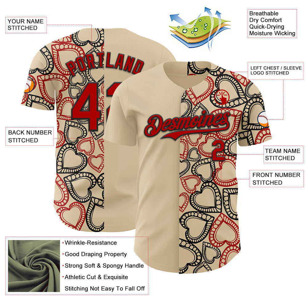 Custom City Cream Red-Black Valentine's Day Love Heart Authentic Baseball Jersey view 3