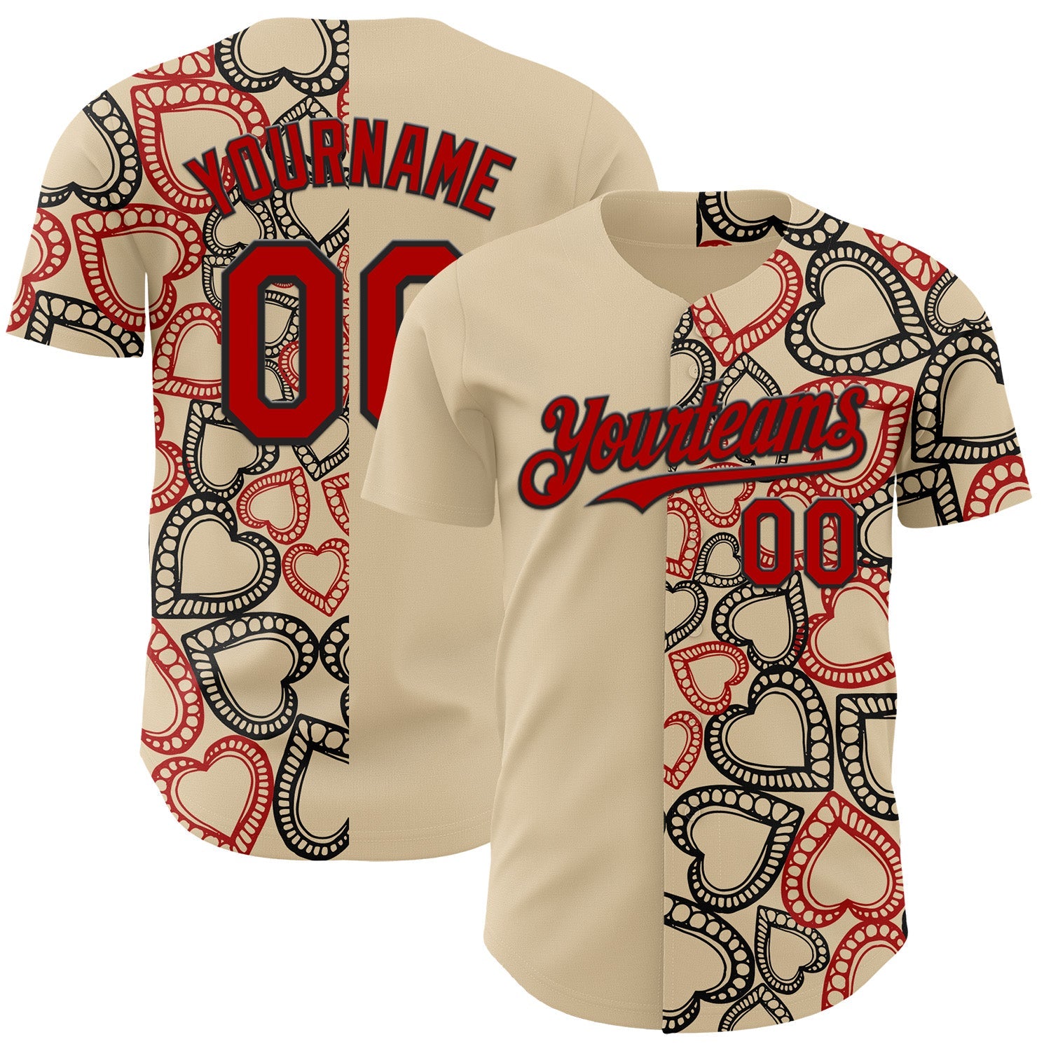Custom City Cream Red-Black Valentine's Day Love Heart Authentic Baseball Jersey - Main View