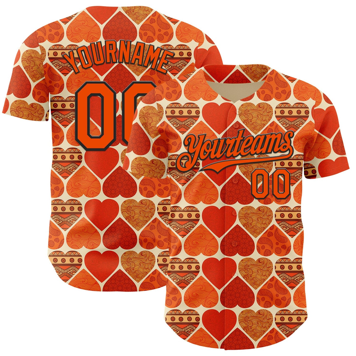Custom Orange Cream-Black Valentine's Day Love Heart Authentic Baseball Jersey - Main View