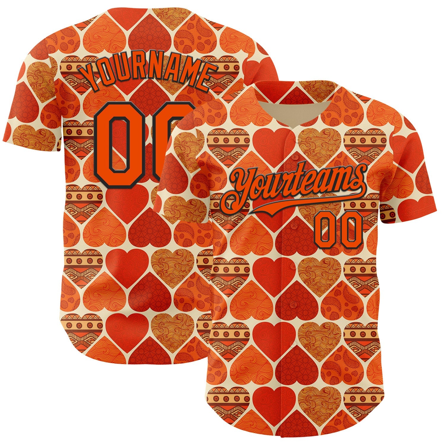Custom Orange Cream-Black Valentine's Day Love Heart Authentic Baseball Jersey - Main View