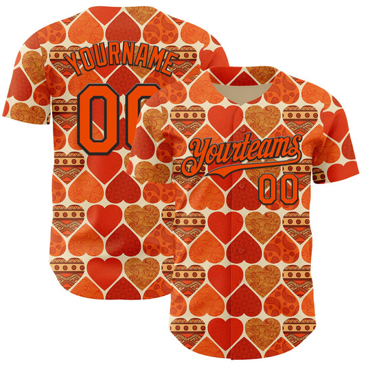 Custom Orange Cream-Black Valentine's Day Love Heart Authentic Baseball Jersey - Main View