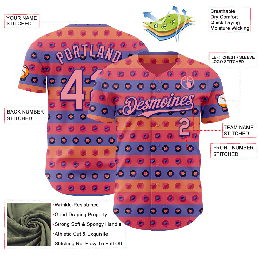 Custom Orange Medium Pink-Dark Purple Valentine's Day Love Heart Authentic Baseball Jersey view 3