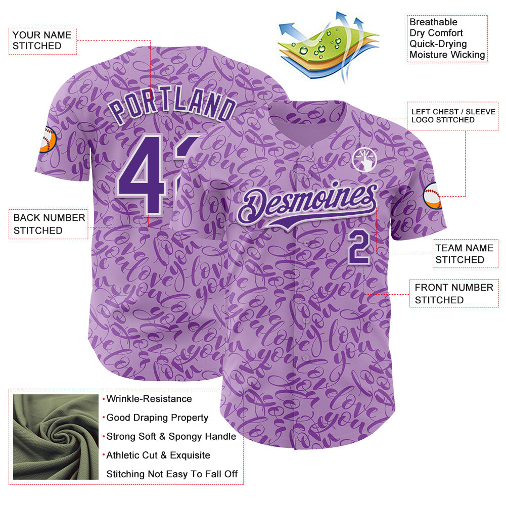 Custom Light Purple Purple-White Valentine's Day Love Authentic Baseball Jersey view 3