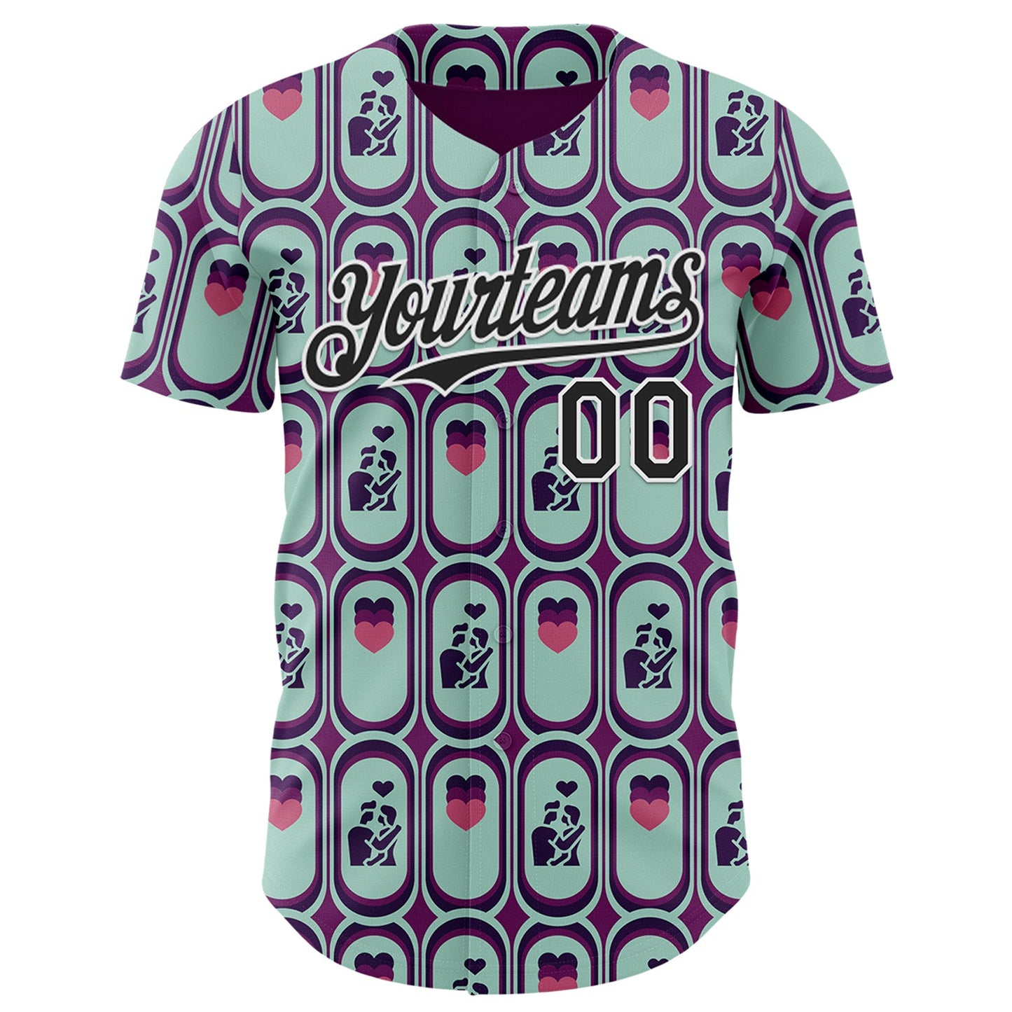 Custom Purple Black Green-White Valentine's Day Love Heart Authentic Baseball Jersey view 2