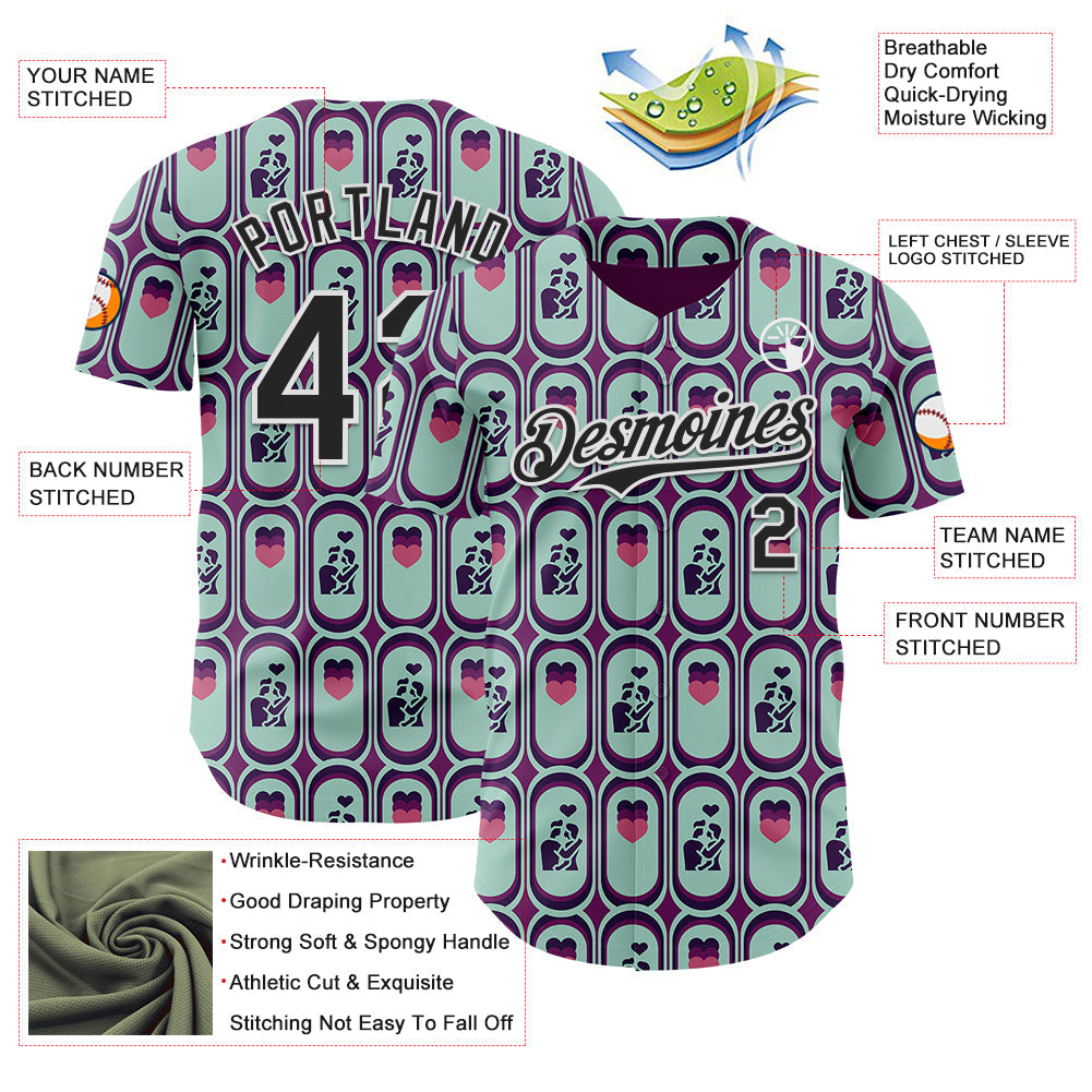 Custom Purple Black Green-White Valentine's Day Love Heart Authentic Baseball Jersey view 3