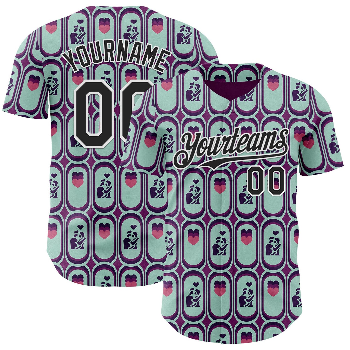 Custom Purple Black Green-White Valentine's Day Love Heart Authentic Baseball Jersey - Main View