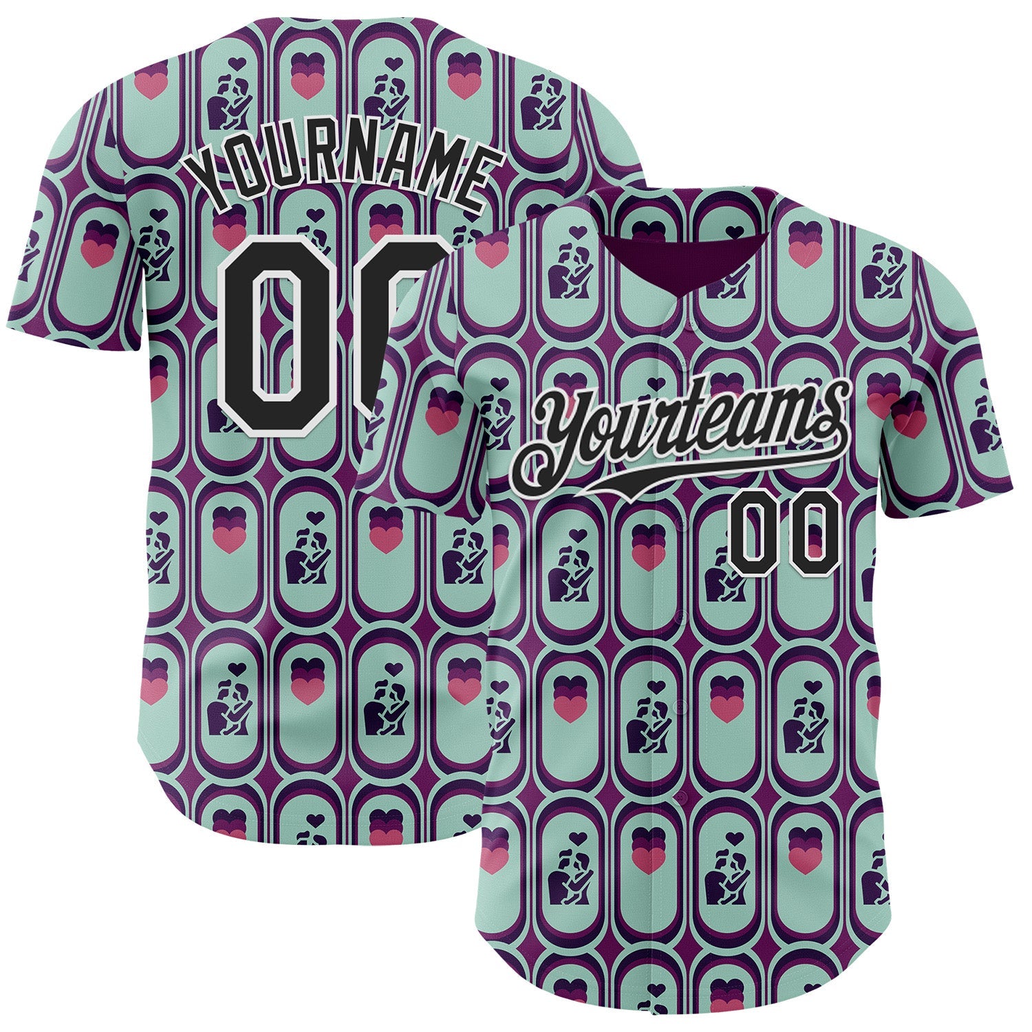 Custom Purple Black Green-White Valentine's Day Love Heart Authentic Baseball Jersey - Main View
