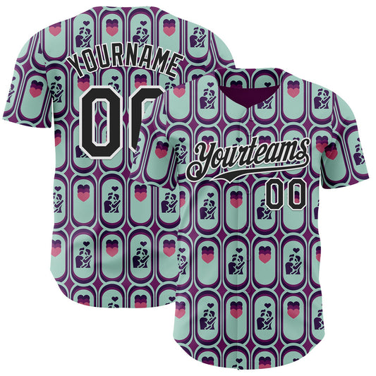 Custom Purple Black Green-White Valentine's Day Love Heart Authentic Baseball Jersey - Main View