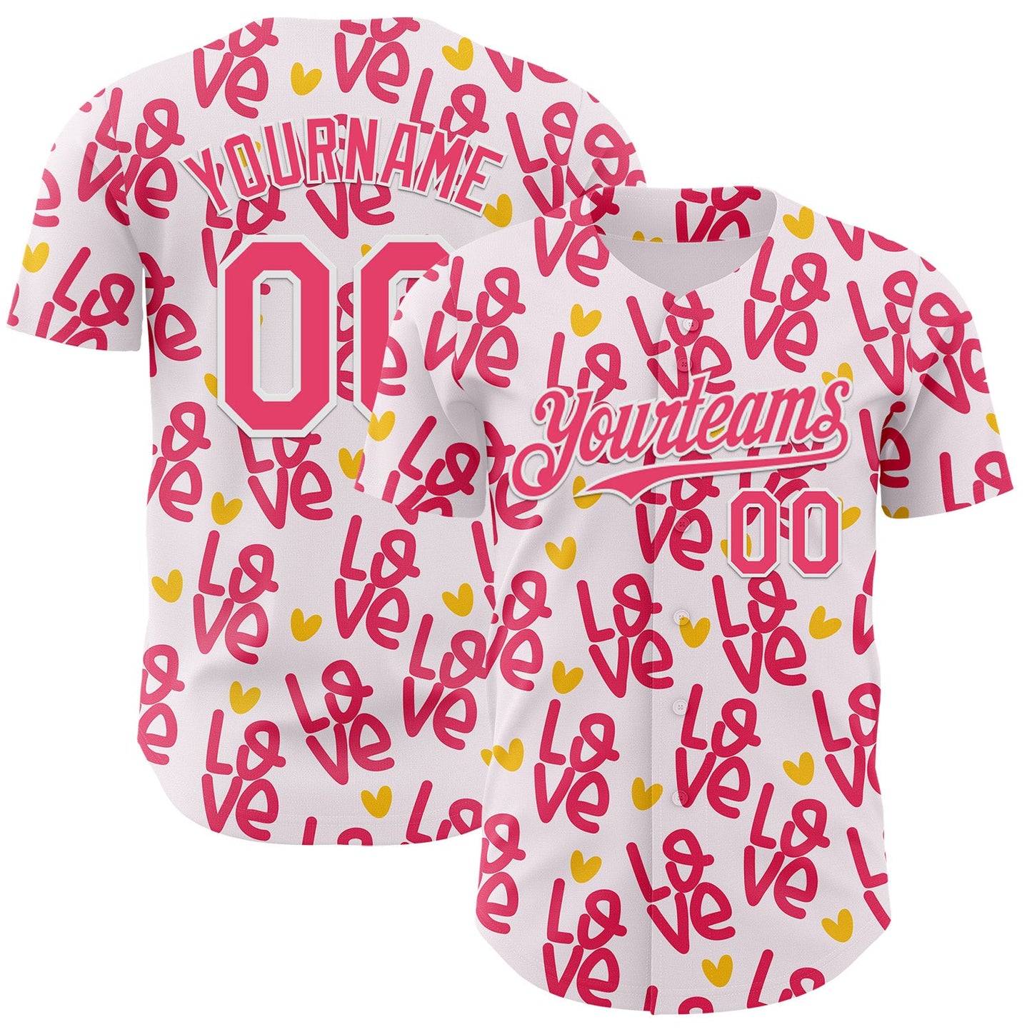 Custom Light Pink Neon Pink-White Valentine's Day Love Heart Authentic Baseball Jersey - Main View