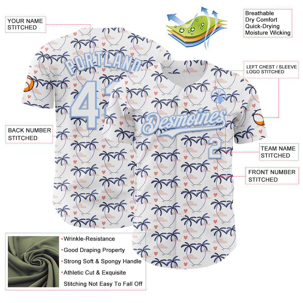 Custom White Light Blue Valentine's Day Love Heart Authentic Baseball Jersey view 3