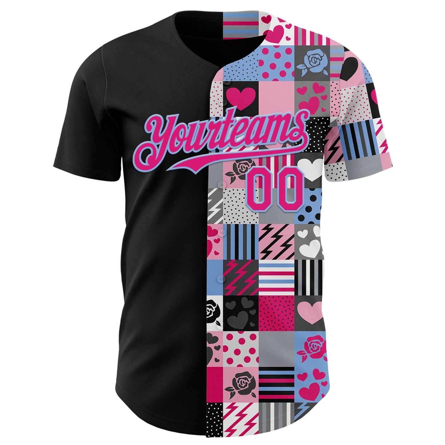 Custom Black Hot Pink-Light Blue Valentine's Day Love Heart Authentic Baseball Jersey view 2