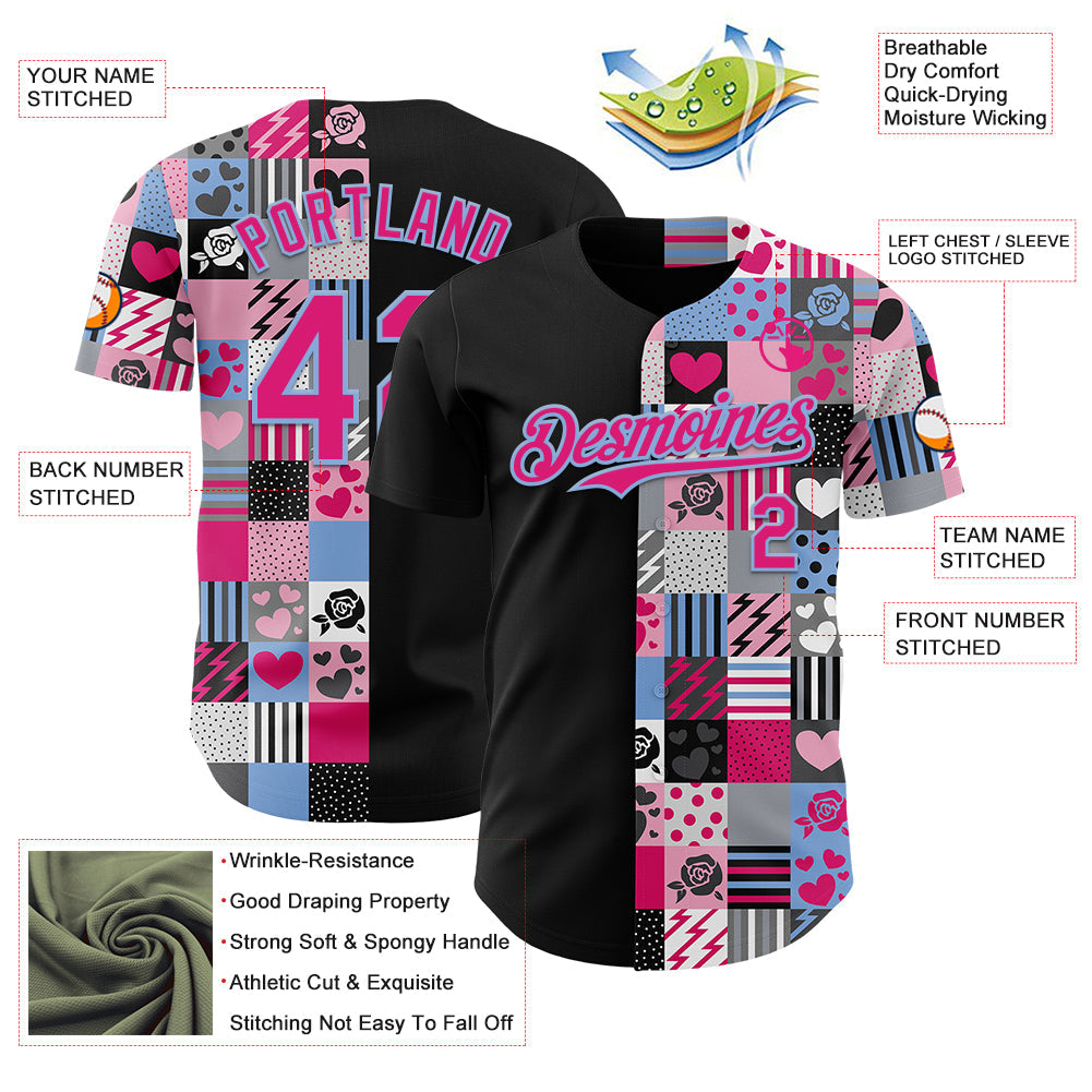 Custom Black Hot Pink-Light Blue Valentine's Day Love Heart Authentic Baseball Jersey view 3