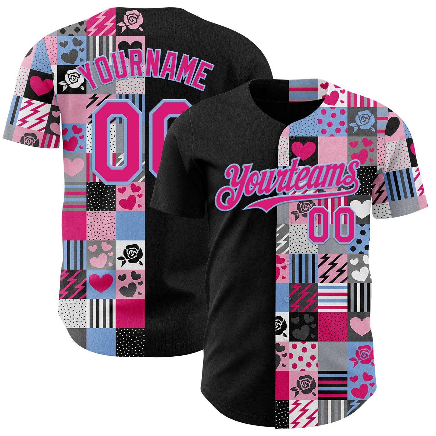 Custom Black Hot Pink-Light Blue Valentine's Day Love Heart Authentic Baseball Jersey - Main View