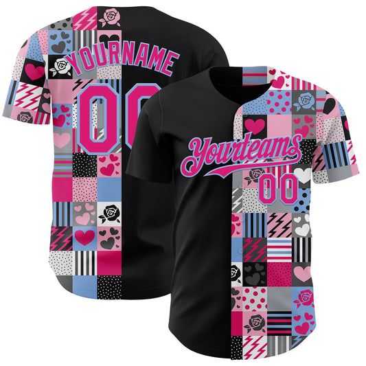 Custom Black Hot Pink-Light Blue Valentine's Day Love Heart Authentic Baseball Jersey - Main View